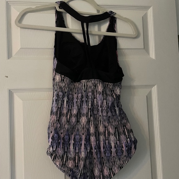 One piece pink, purple, and black print bathing suit with built in padding - SM - Picture 2 of 2